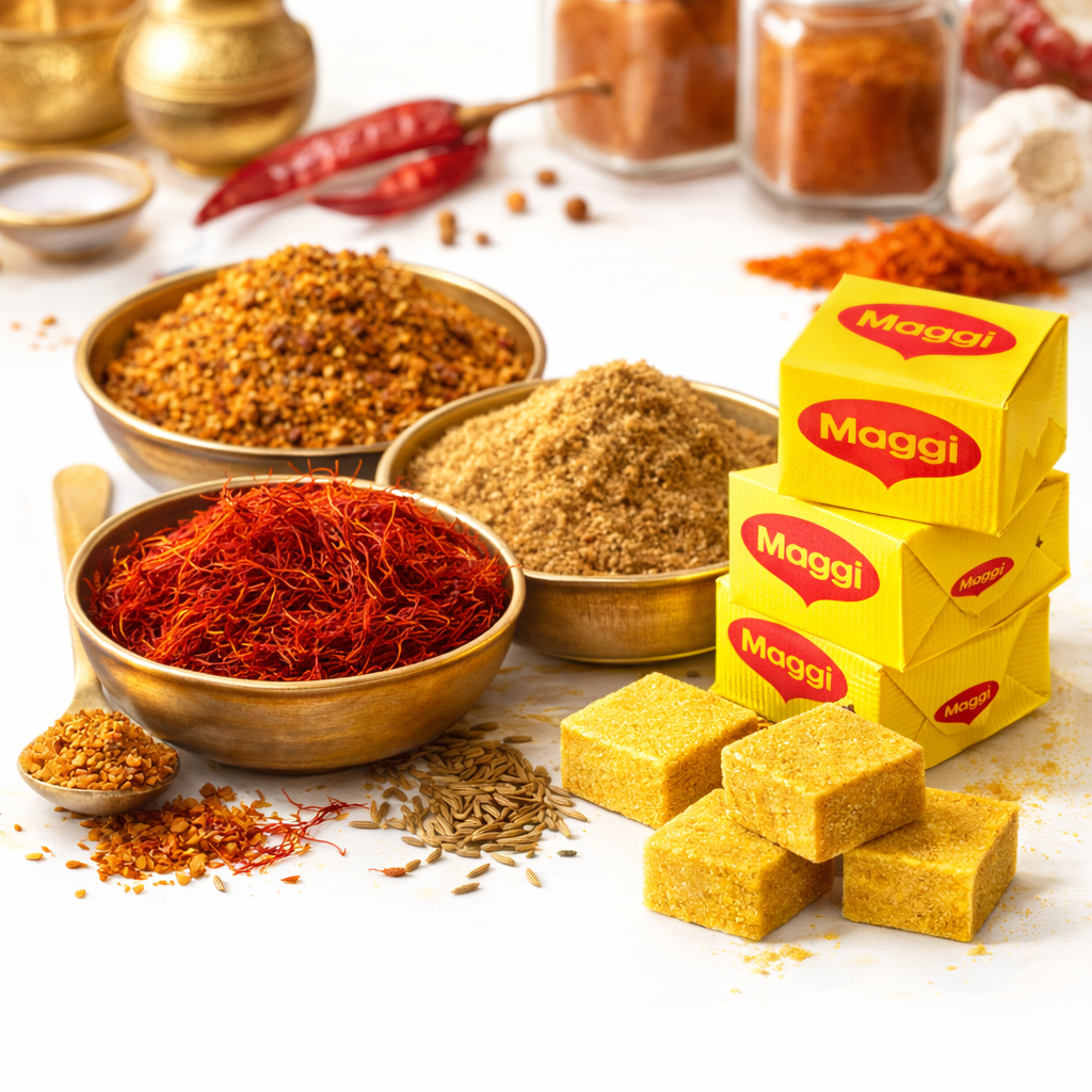 Assortiment d'épices orientales traditionnelles Ras el Hanout et cubes Maggi pour tajines.