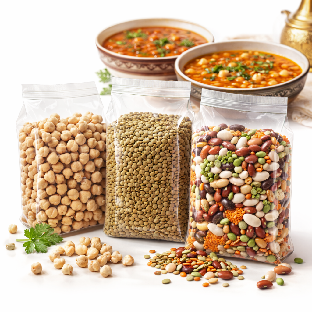 Légumineuses sèches pois chiches et lentilles de qualité pour la préparation de soupes Harira et Chorba.