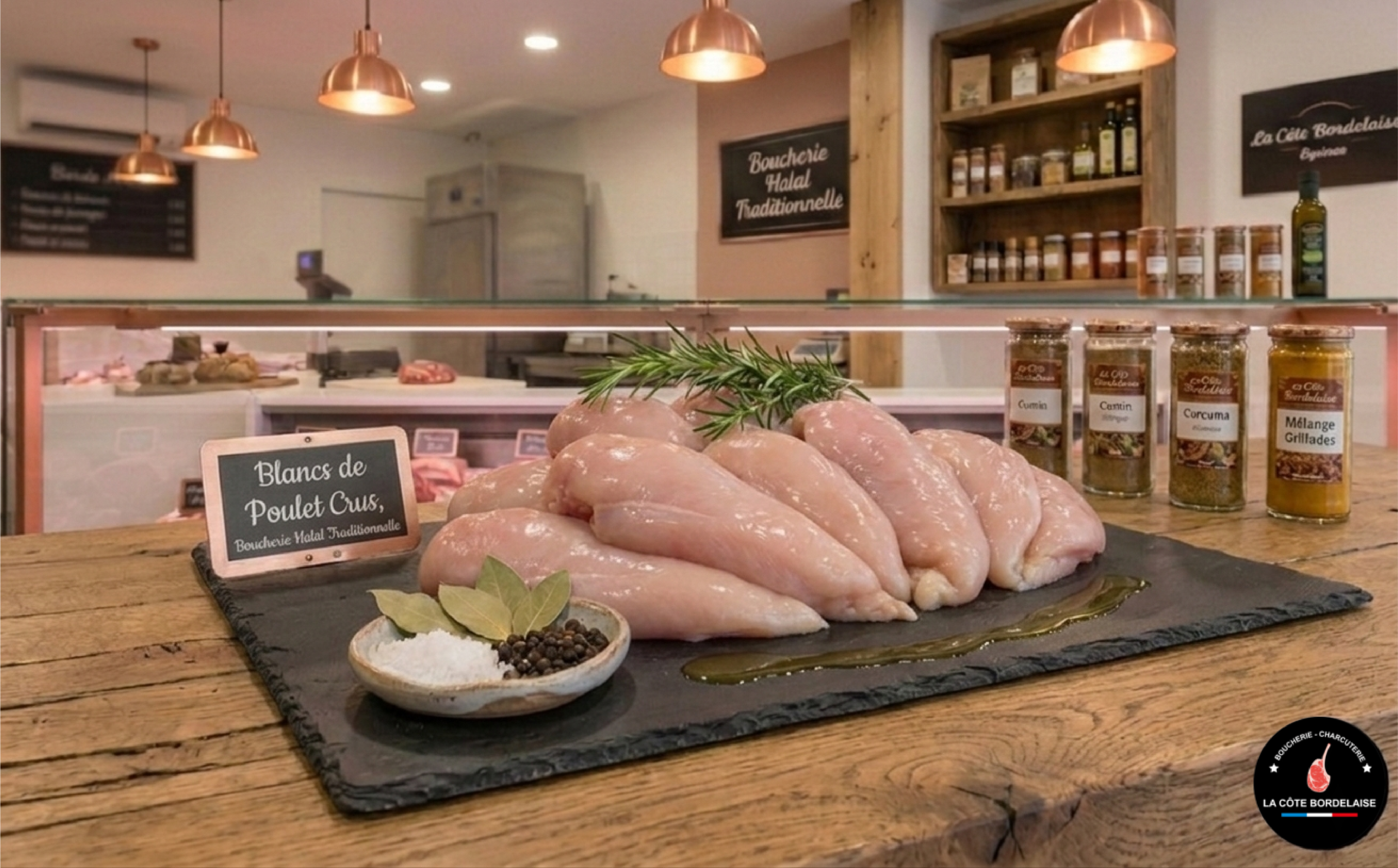 Filets et blancs de poulet halal tendres découpés avec précision pour escalopes et plats en sauce.