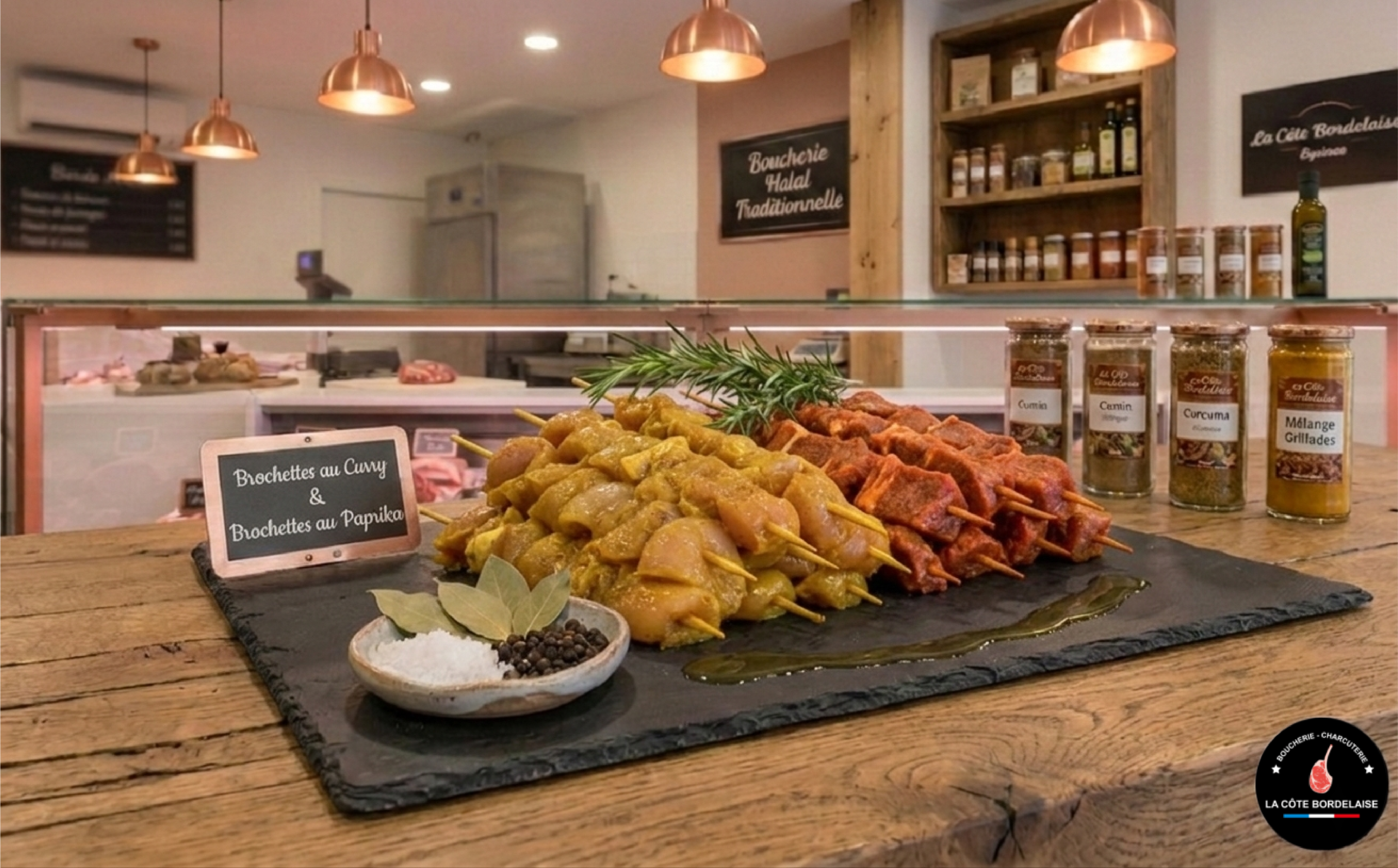 Brochettes de poulet marinées maison au curry et paprika prêtes pour grillades - Boucherie Nador.