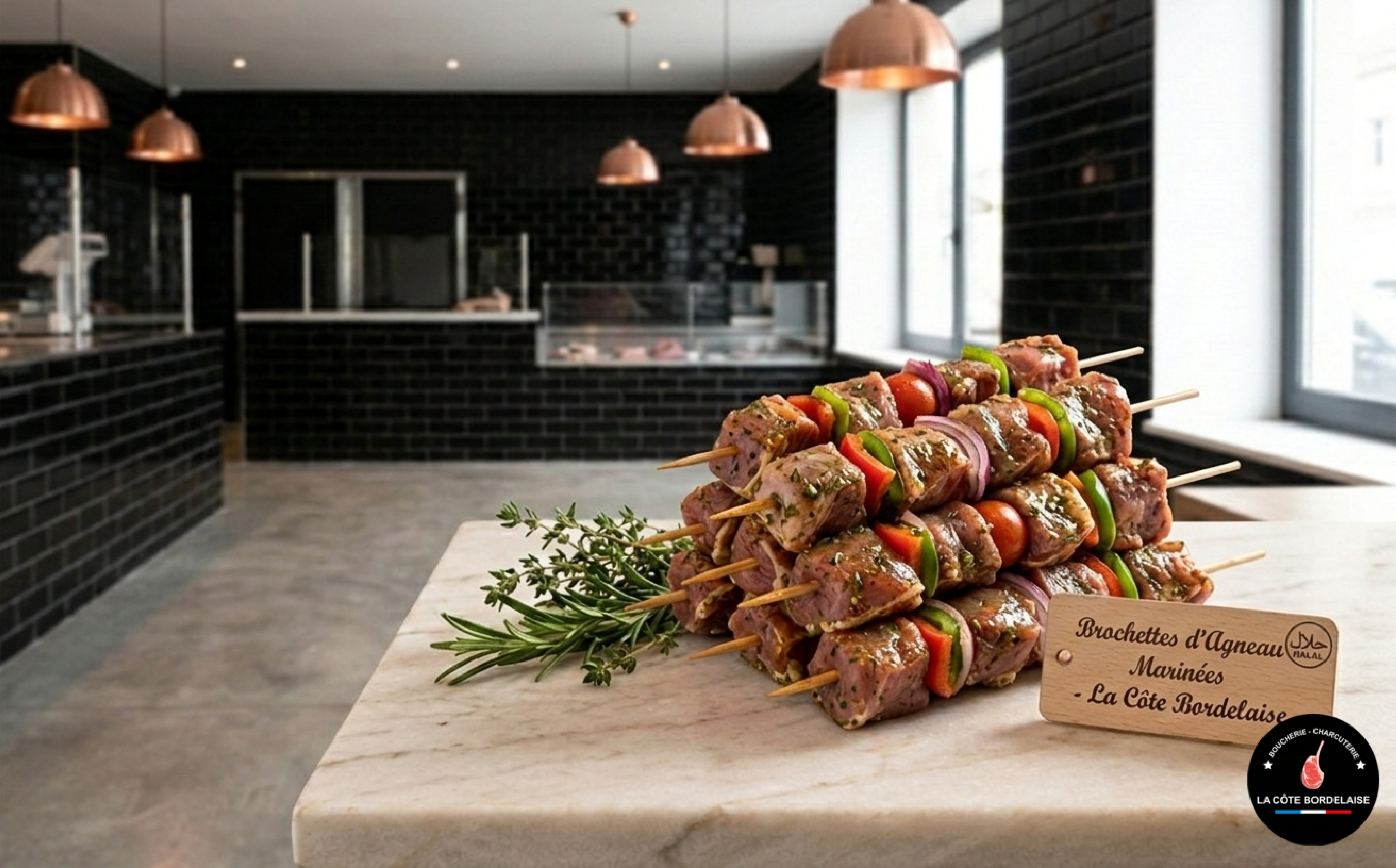 Brochettes d'agneau marinées aux épices orientales maison, 100% Halal et prêtes à cuire.