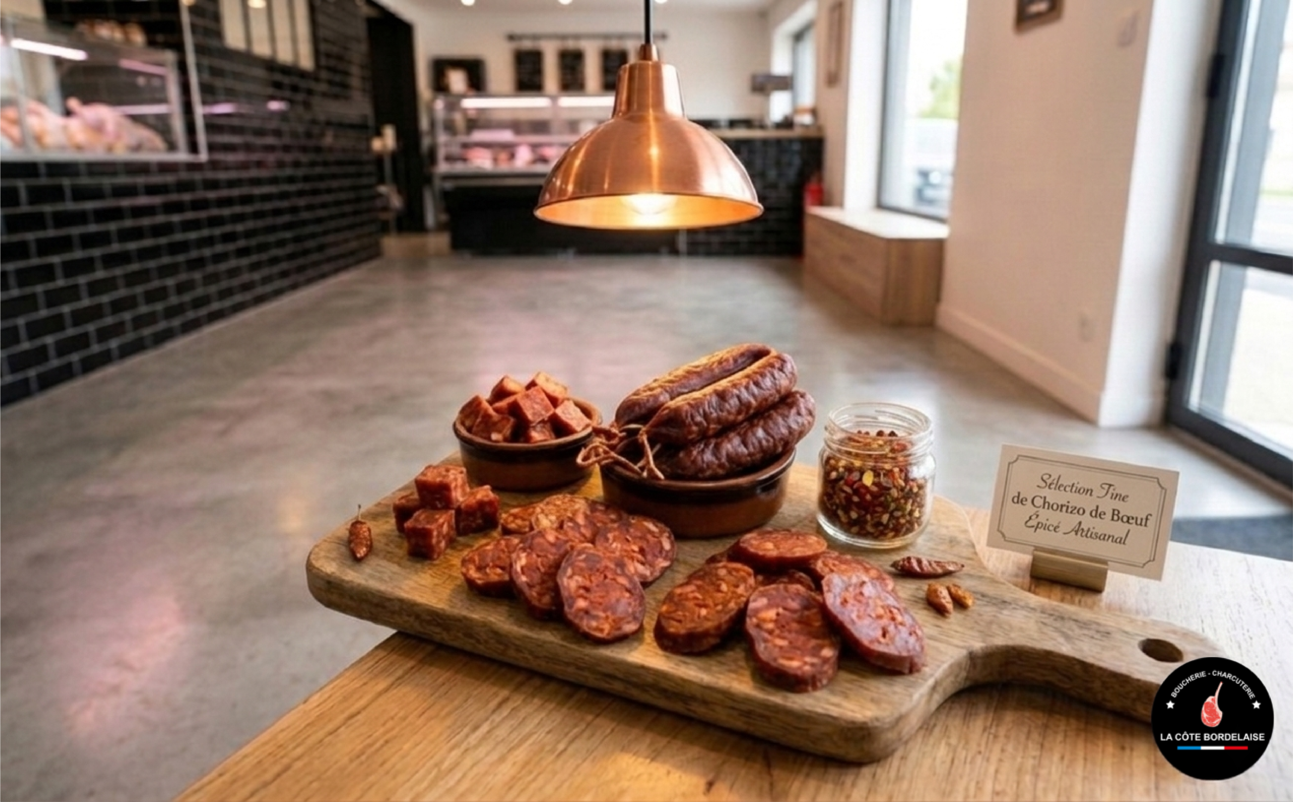 Chorizo de bœuf épicé artisanal idéal pour pizzas et apéritifs dînatoires à Bordeaux.
