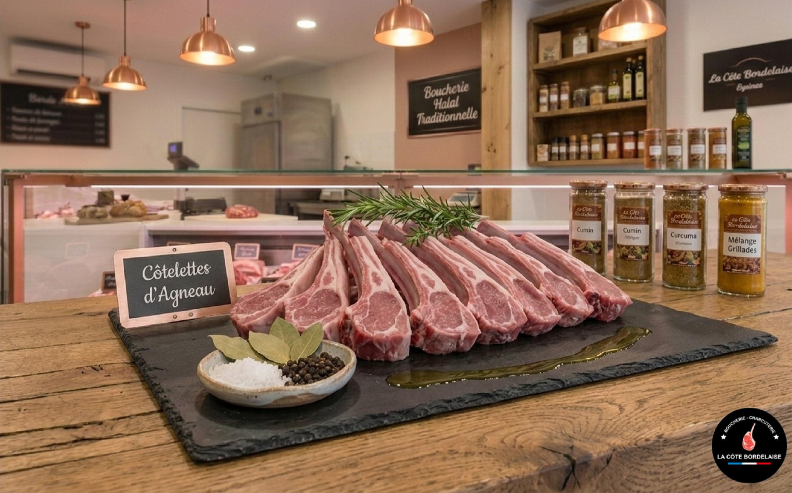 Côtelettes d'agneau fraîches prêtes à griller, découpe artisanale de qualité premium.