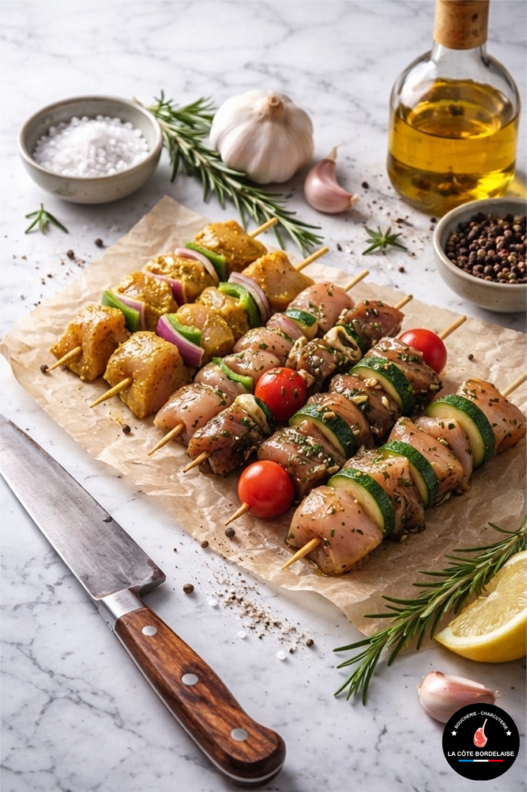 Brochettes de poulet mariné aux épices, viande halal fraîche