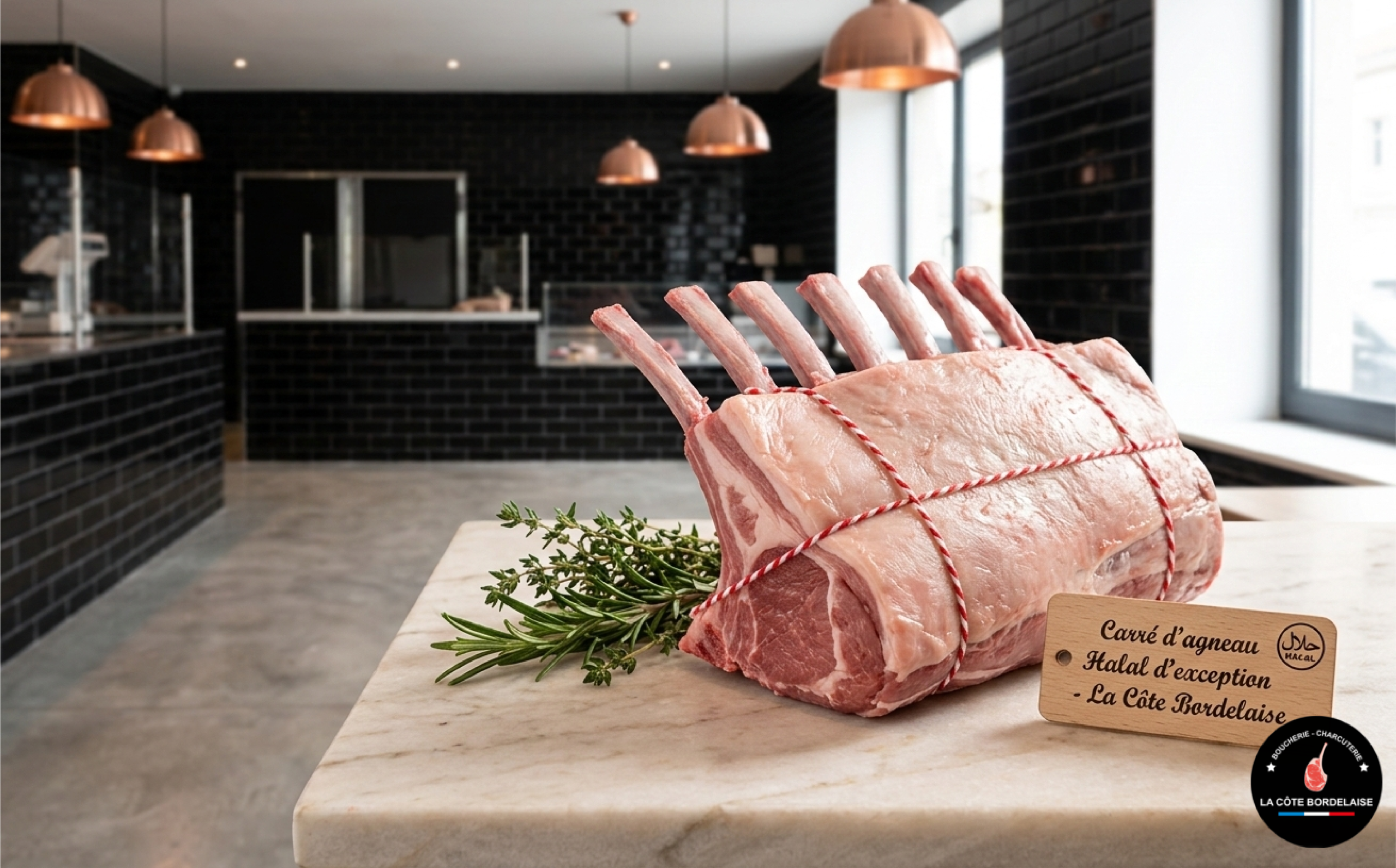 Un carré d'agneau halal d'exception, préparé et ficelé par le boucher, reposant sur un plan de travail en marbre avec des herbes fraîches.