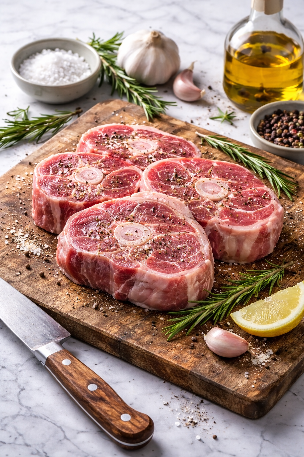 Collier d'agneau frais et charnu, disposées sur un billot de bois traditionnel dans la boucherie La Côte Bordelaise, avec quelques herbes de Provence et gousses d'ail en accompagnement.