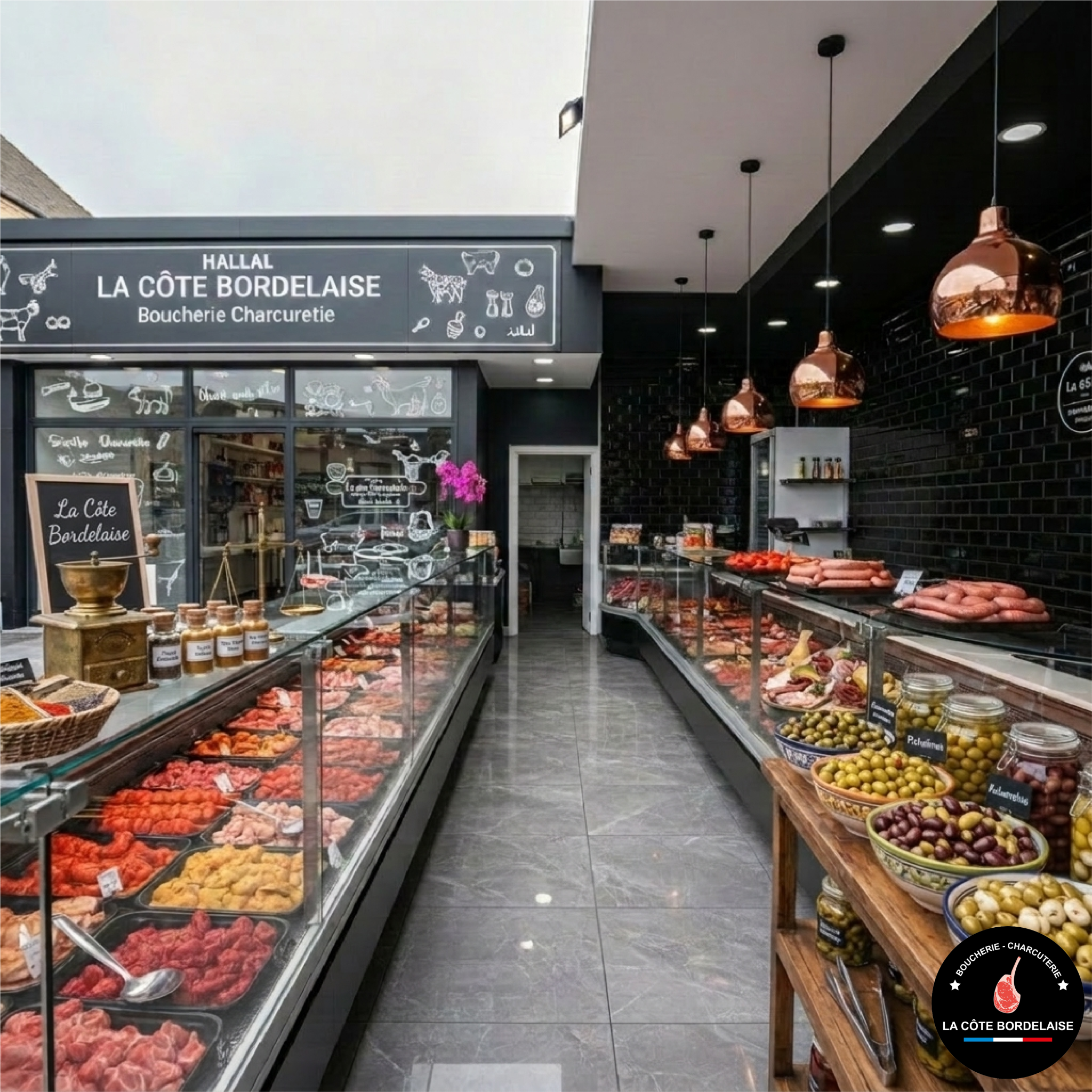 Vue intérieure de la Boucherie La Côte Bordelaise à Eysines (33), spécialisée en viandes et charcuteries halal.