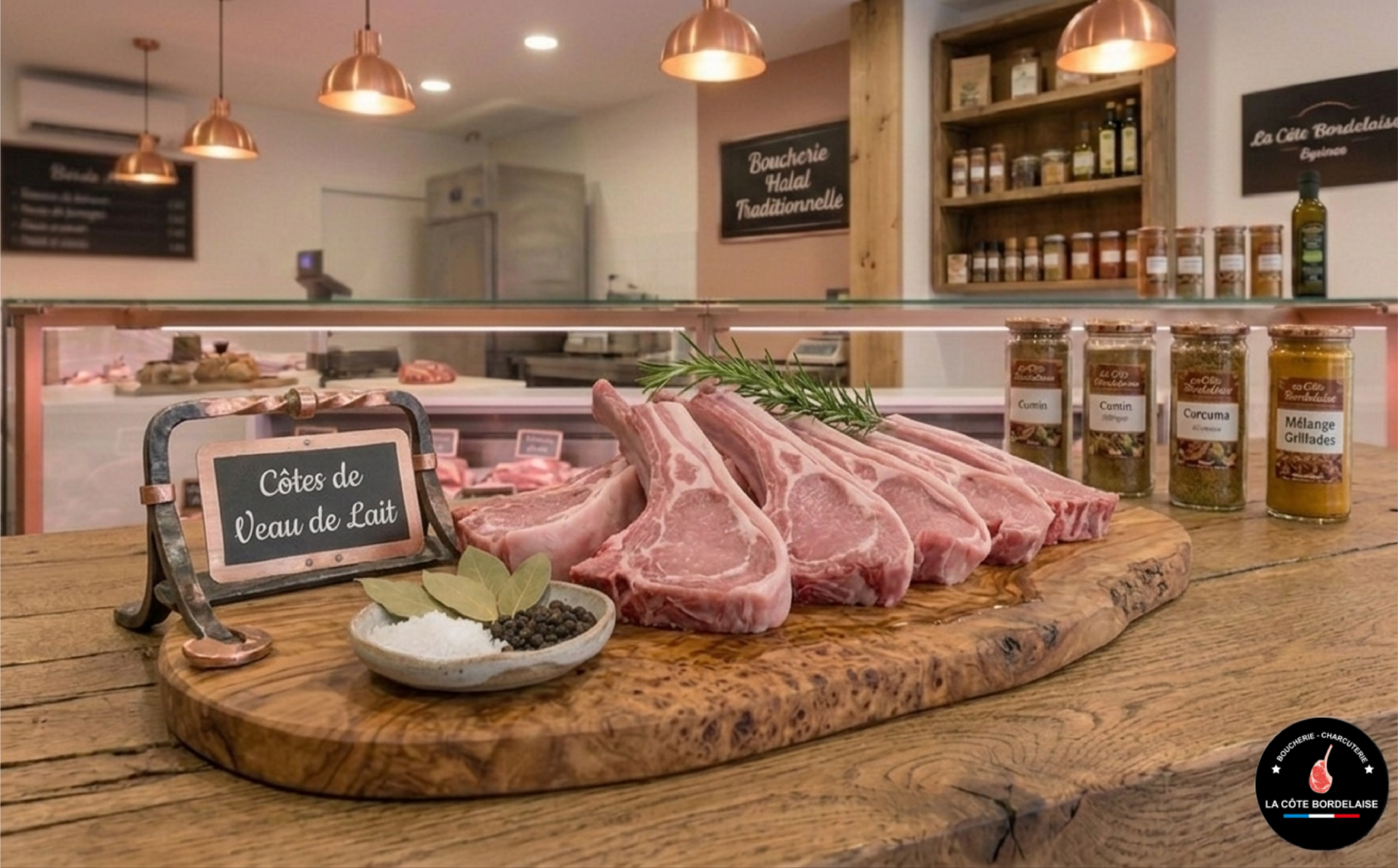 Côtes de veau premium, d'une belle couleur rose pâle et persillées, délicatement posées sur une surface en marbre.