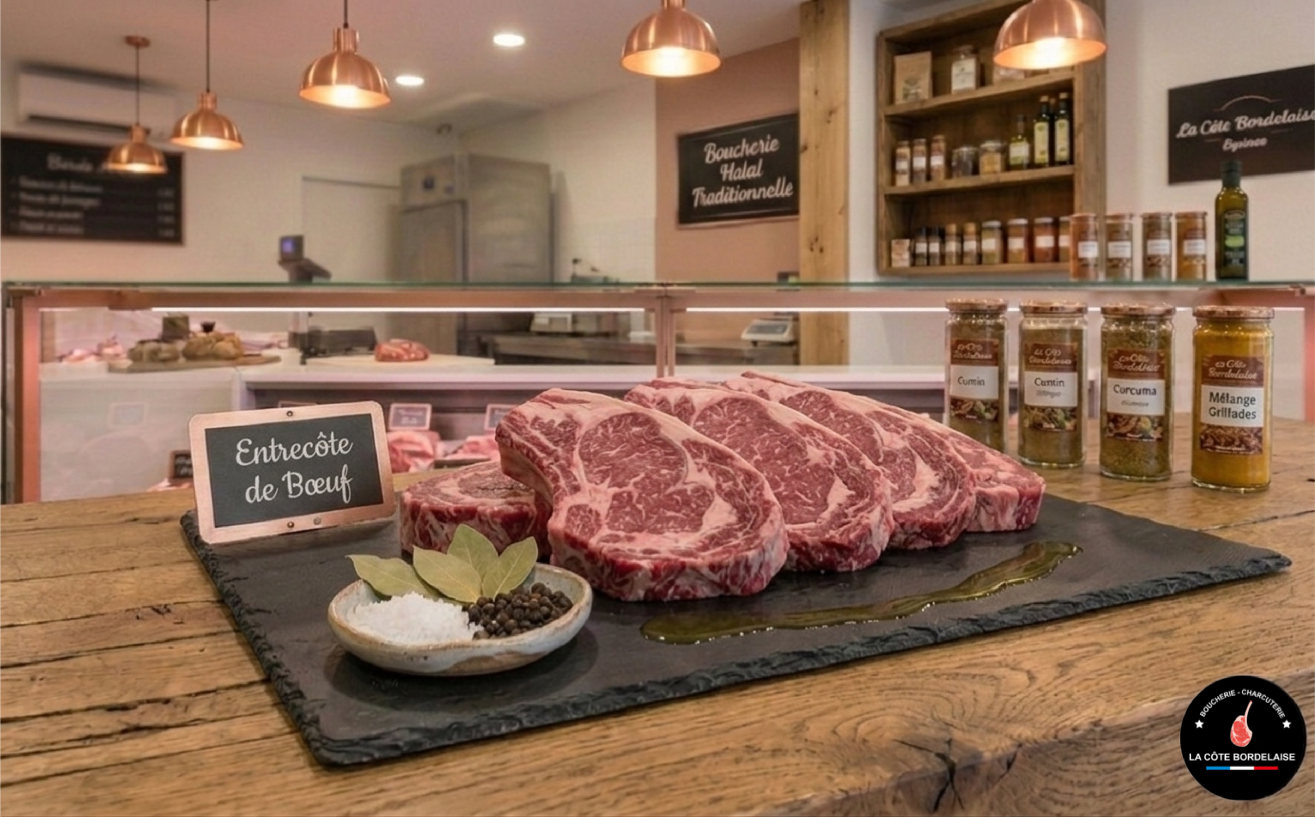 Entrecôte de bœuf généreuse et persillée, posée sur une planche en bois dans la boucherie La Côte Bordelaise, agrémentée d'un brin de romarin et de poivre concassé.