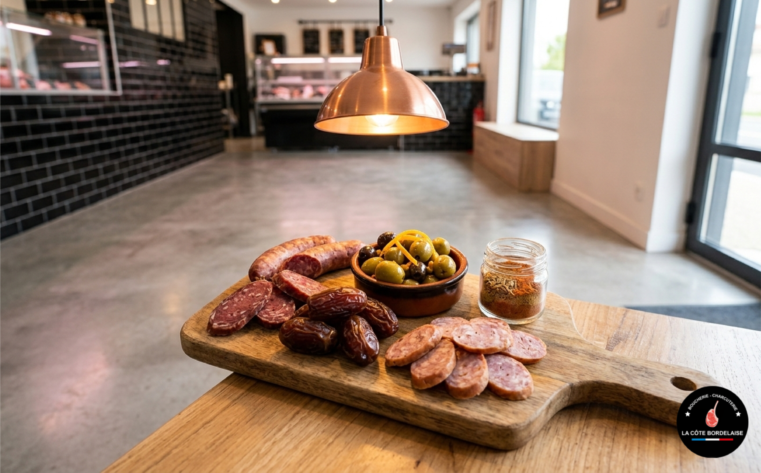 Un plateau en bois présentant une sélection de charcuterie halal, des dattes charnues et un petit bol d'olives marinées.
