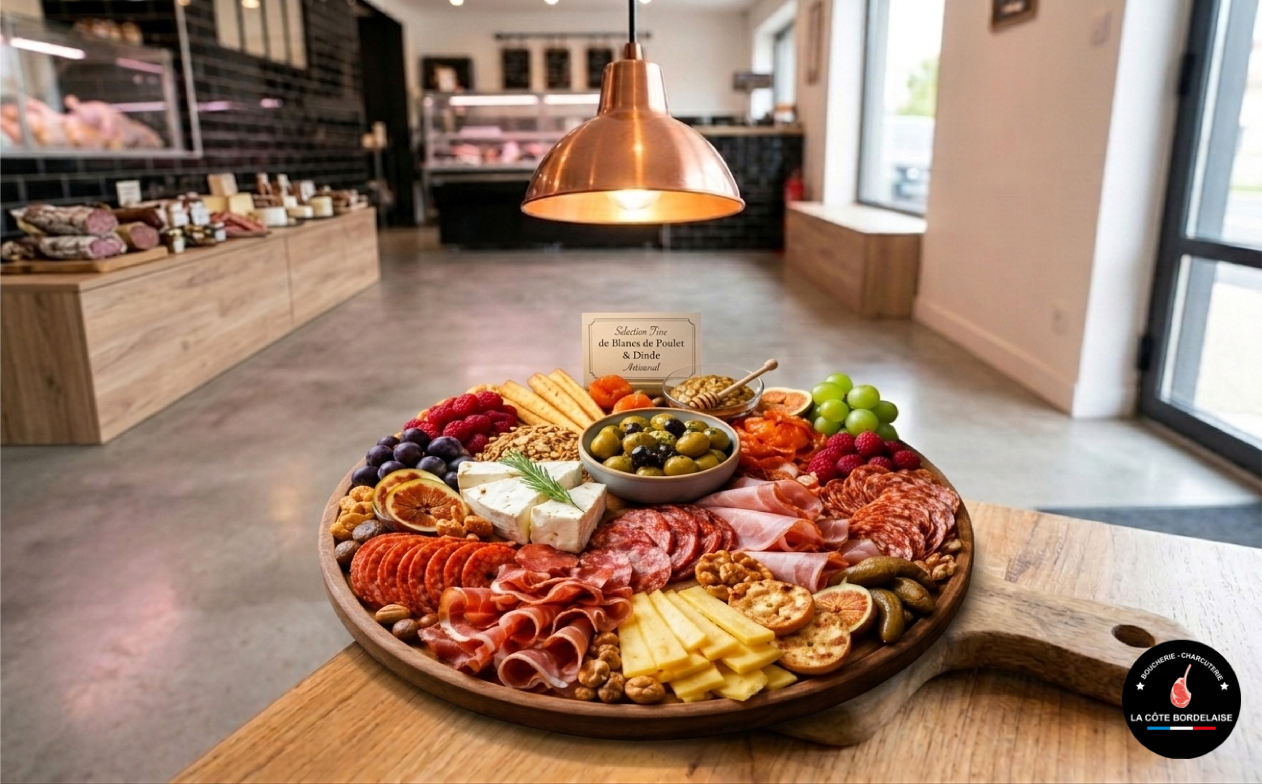 Plateau de charcuterie fine halal incluant mortadelle aux olives et jambon de bœuf séché.