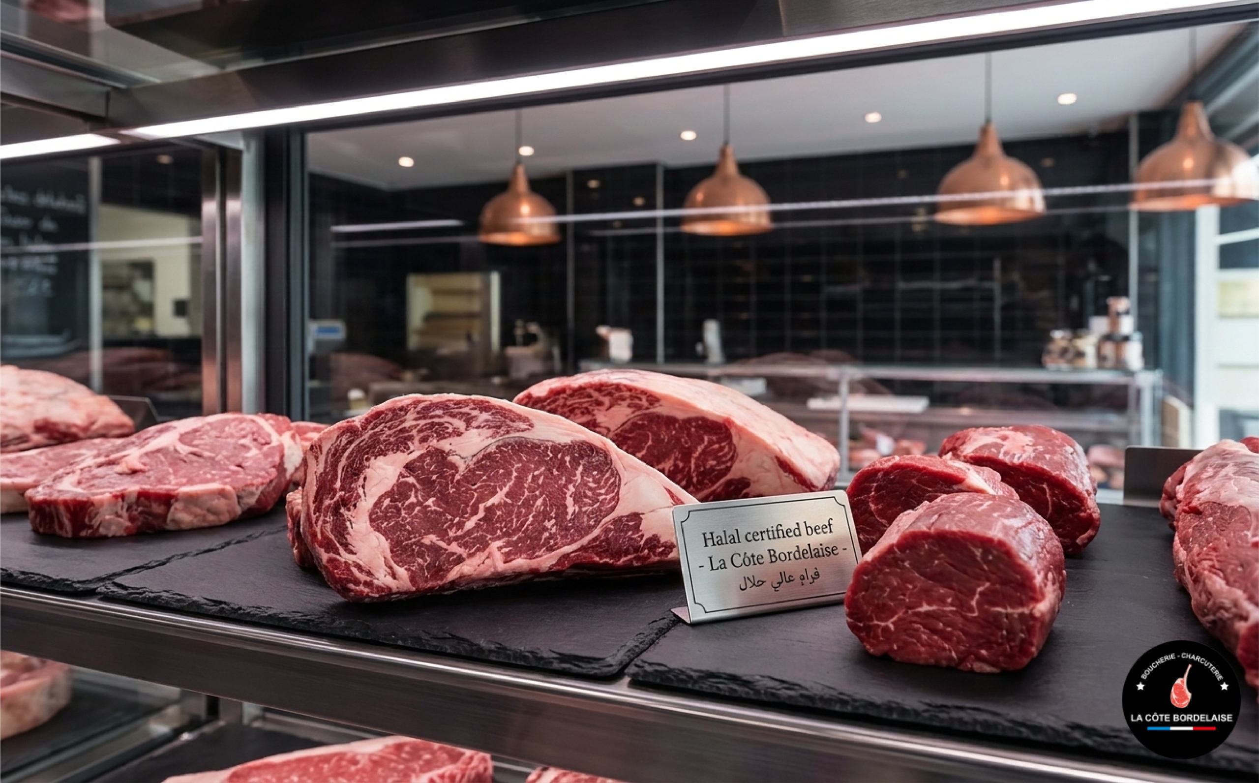 Gros plan sur des pièces de bœuf premium persillées et certifiées halal, disposées dans une vitrine réfrigérée moderne.